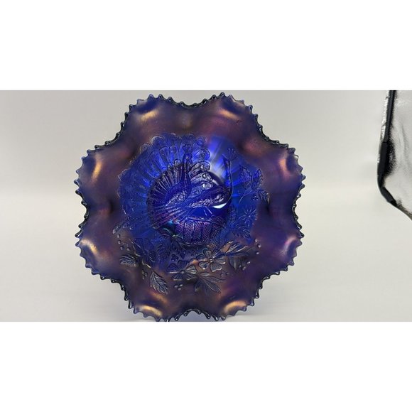 Vintage Northwood Peacocks on Fence Electric Blue Bowl Ruffle Sawtooth - Picture 10 of 16